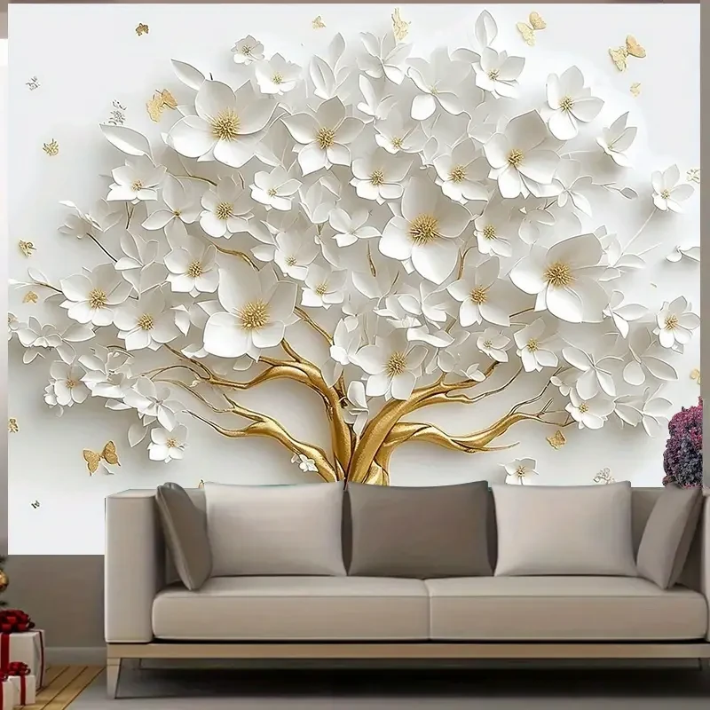 Árbol de la vida blanco en 3D con fondo floral dorado