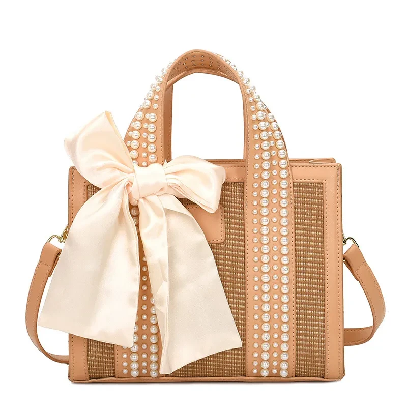 Bolso pequeño cuadrado de mano con perlas tejidas a mano, de moda y viaje