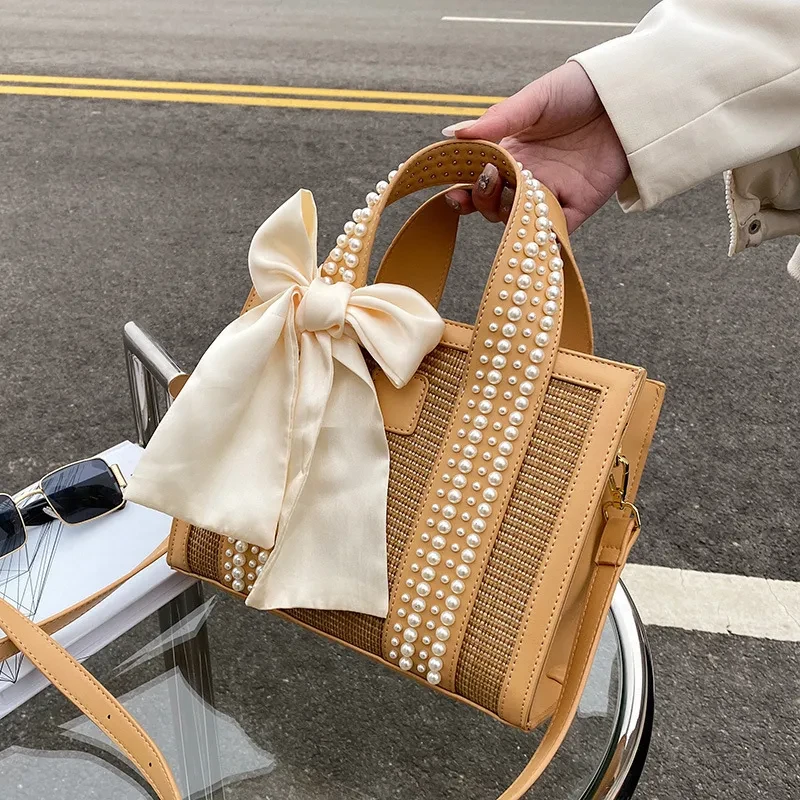 Bolso pequeño cuadrado de mano con perlas tejidas a mano, de moda y viaje