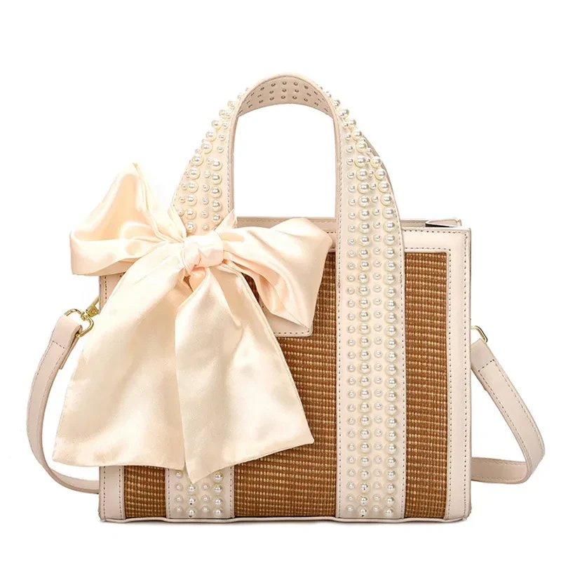 Bolso pequeño cuadrado de mano con perlas tejidas a mano, de moda y viaje