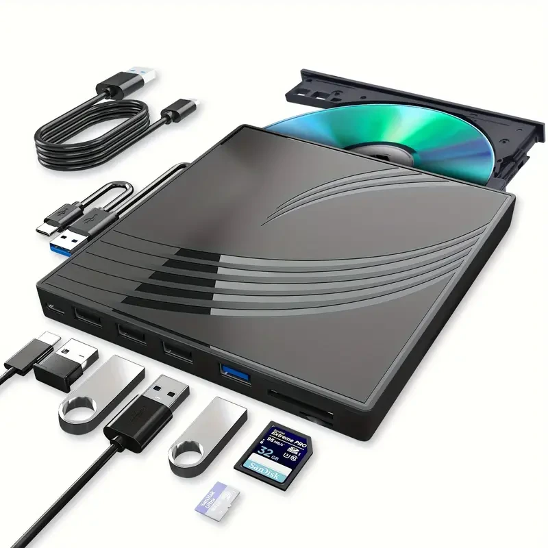 Unidad externa ultradelgada de CD y DVD con puertos USB 3.0 y ranuras para tarjetas TF/SD