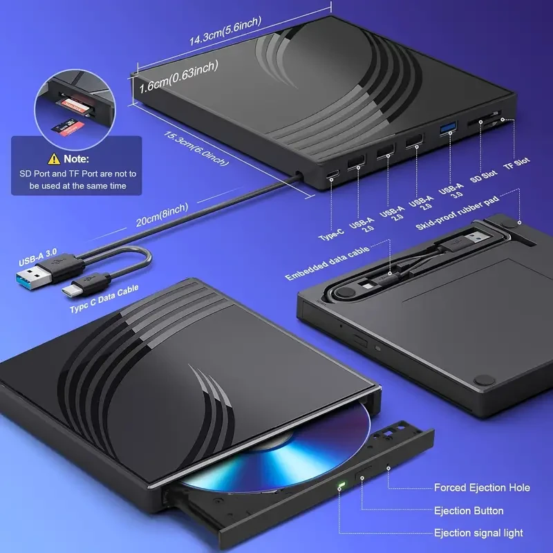 Unidad externa ultradelgada de CD y DVD con puertos USB 3.0 y ranuras para tarjetas TF/SD