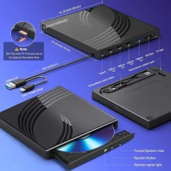 Unidad externa ultradelgada de CD y DVD con puertos USB 3.0 y ranuras para tarjetas TF/SD