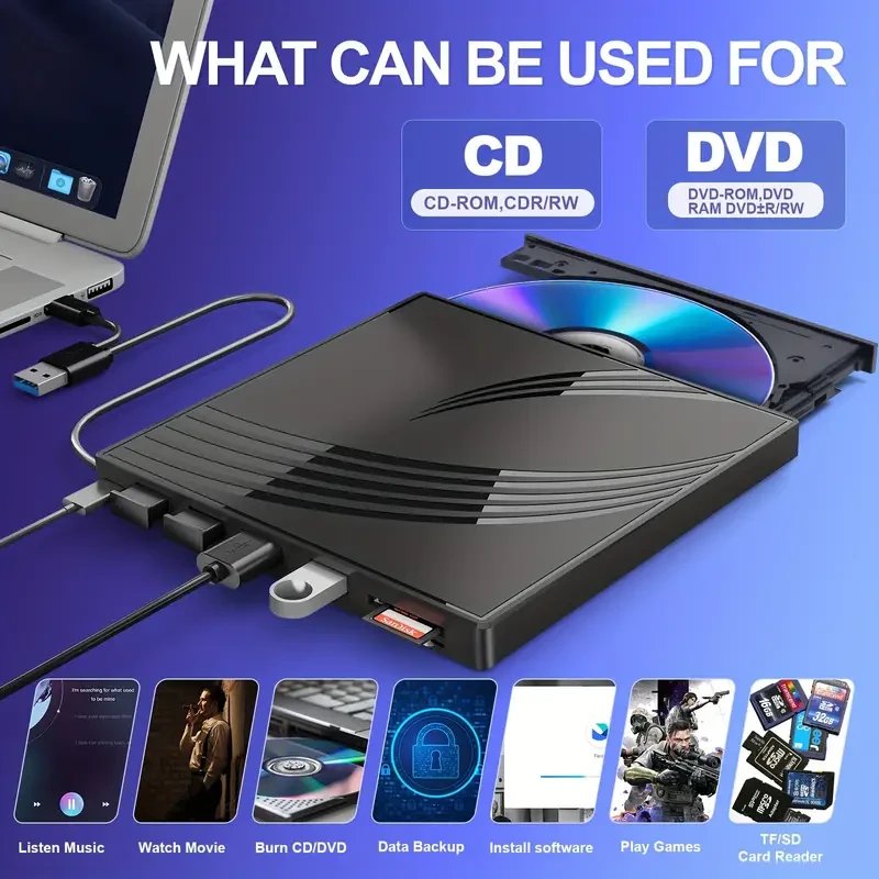 Unidad externa ultradelgada de CD y DVD con puertos USB 3.0 y ranuras para tarjetas TF/SD