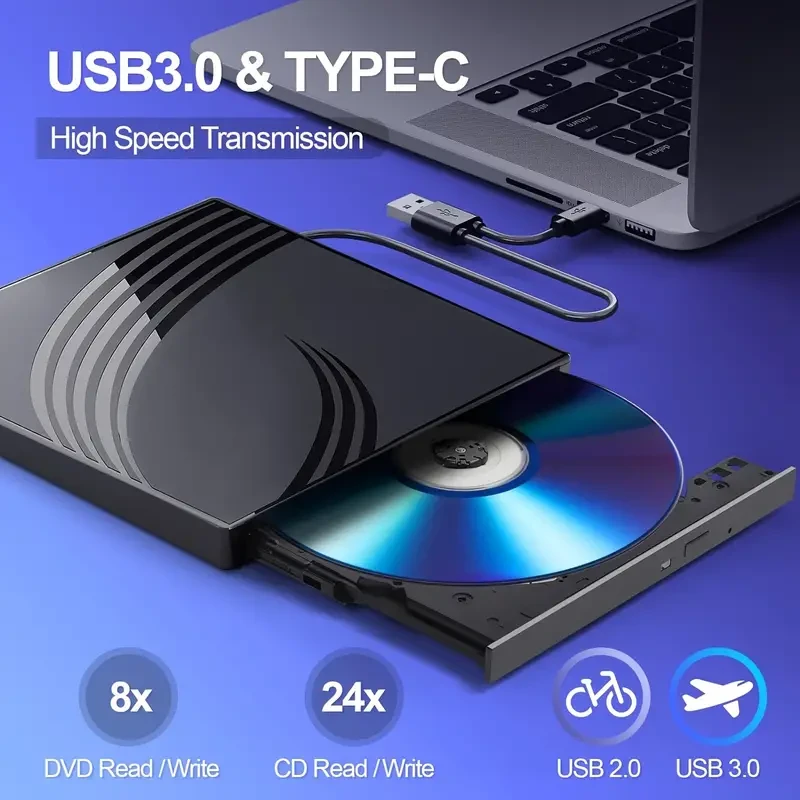 Unidad externa ultradelgada de CD y DVD con puertos USB 3.0 y ranuras para tarjetas TF/SD