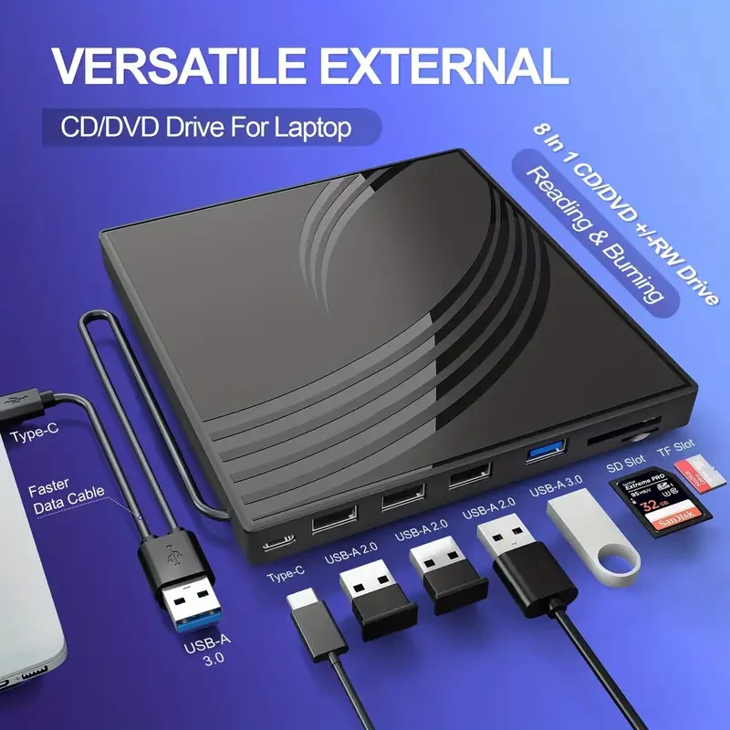 Unidad externa ultradelgada de CD y DVD con puertos USB 3.0 y ranuras para tarjetas TF/SD