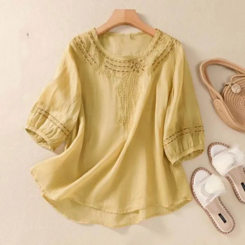 Camisa holgada vintage de algodón y lino con bordado artístico para primavera y verano