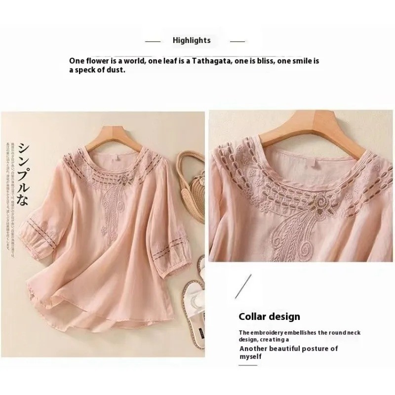 Camisa holgada vintage de algodón y lino con bordado artístico para primavera y verano