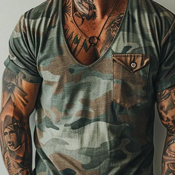 Camiseta de manga corta con cuello en V y bolsillo en el pecho