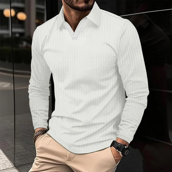 Polo de manga larga con cuello en V y rayas lisas para hombre