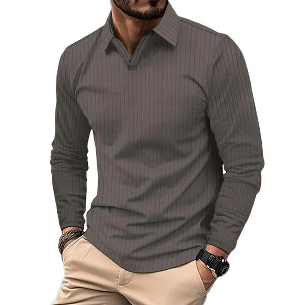 Polo de manga larga con cuello en V y rayas lisas para hombre