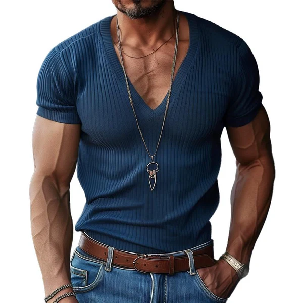 Camiseta de punto de manga corta con cuello en V liso para hombre