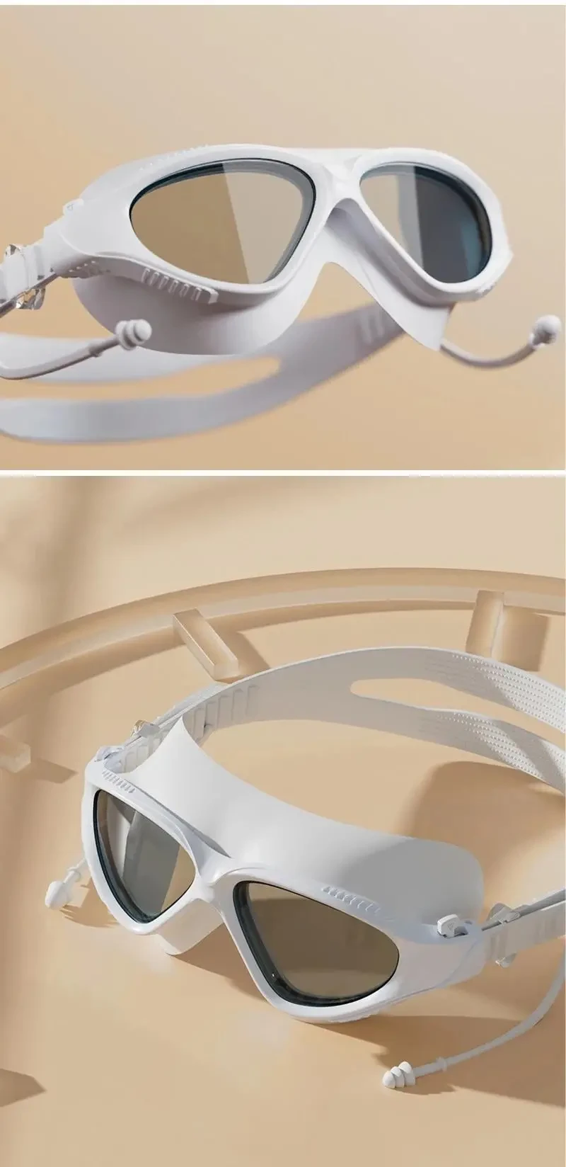 Gafas de natación ópticas para adultos con tapones para los oídos - Gafas de natación impermeables con montura grande y antivaho de alta definición