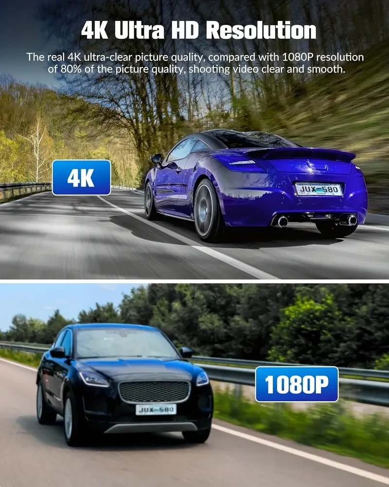 Cámara de tablero 4K UHD para autos con vista frontal y trasera, visión nocturna y tarjeta SD de 32 GB gratis