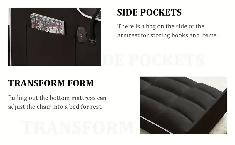 Sofá cama convertible 3 en 1 con respaldo ajustable, soporte para teléfono y puerto USB tipo C - Negro
