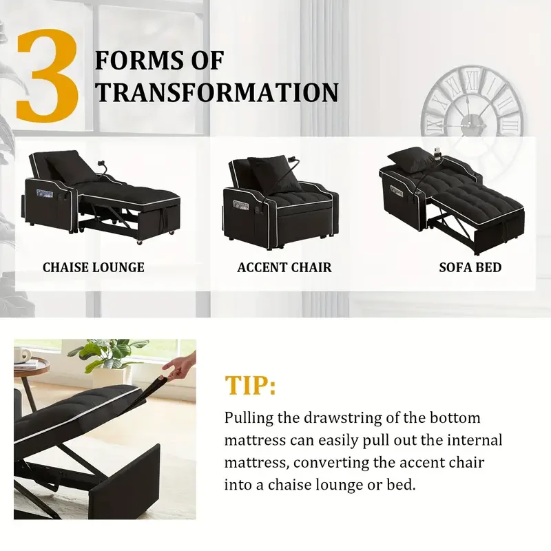 Sofá cama convertible 3 en 1 con respaldo ajustable, soporte para teléfono y puerto USB tipo C - Negro