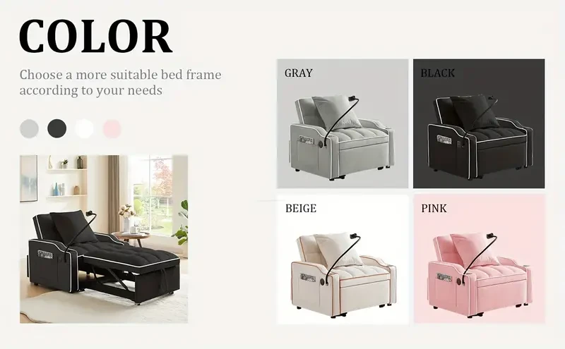 Sofá cama convertible 3 en 1 con respaldo ajustable, soporte para teléfono y puerto USB tipo C - Negro