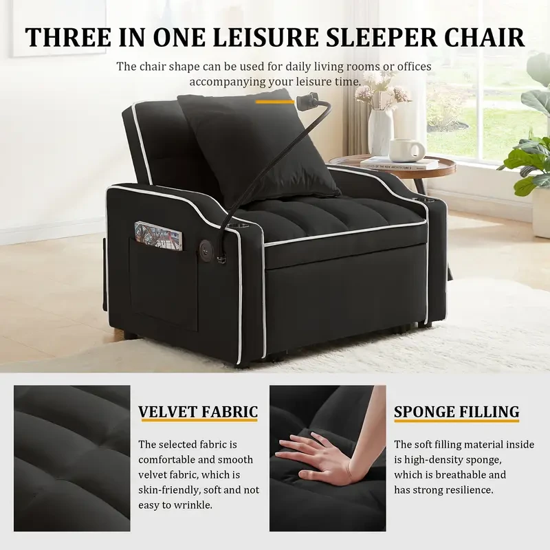 Sofá cama convertible 3 en 1 con respaldo ajustable, soporte para teléfono y puerto USB tipo C - Negro