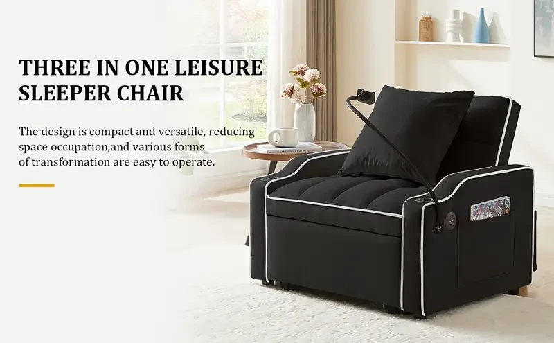 Sofá cama convertible 3 en 1 con respaldo ajustable, soporte para teléfono y puerto USB tipo C - Negro