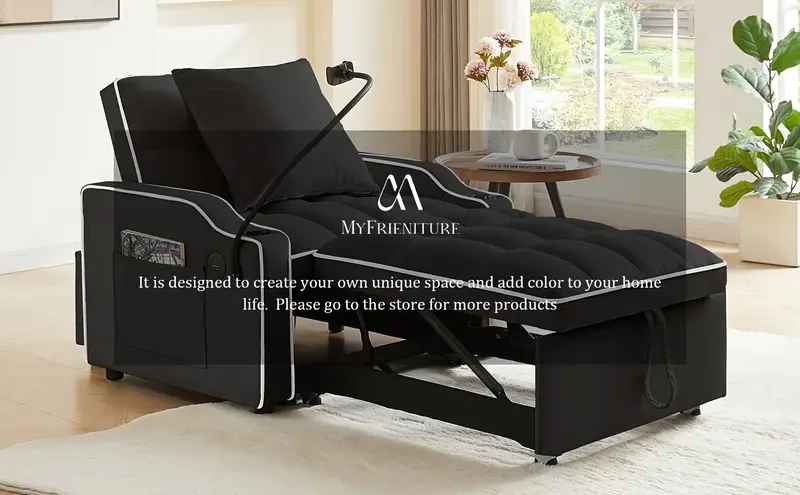 Sofá cama convertible 3 en 1 con respaldo ajustable, soporte para teléfono y puerto USB tipo C - Negro