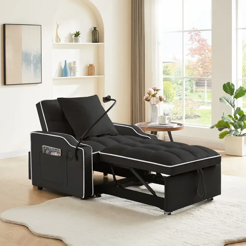 Sofá cama convertible 3 en 1 con respaldo ajustable, soporte para teléfono y puerto USB tipo C - Negro