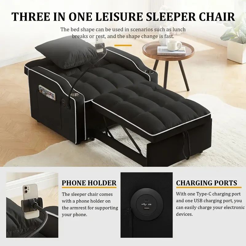 Sofá cama convertible 3 en 1 con respaldo ajustable, soporte para teléfono y puerto USB tipo C - Negro