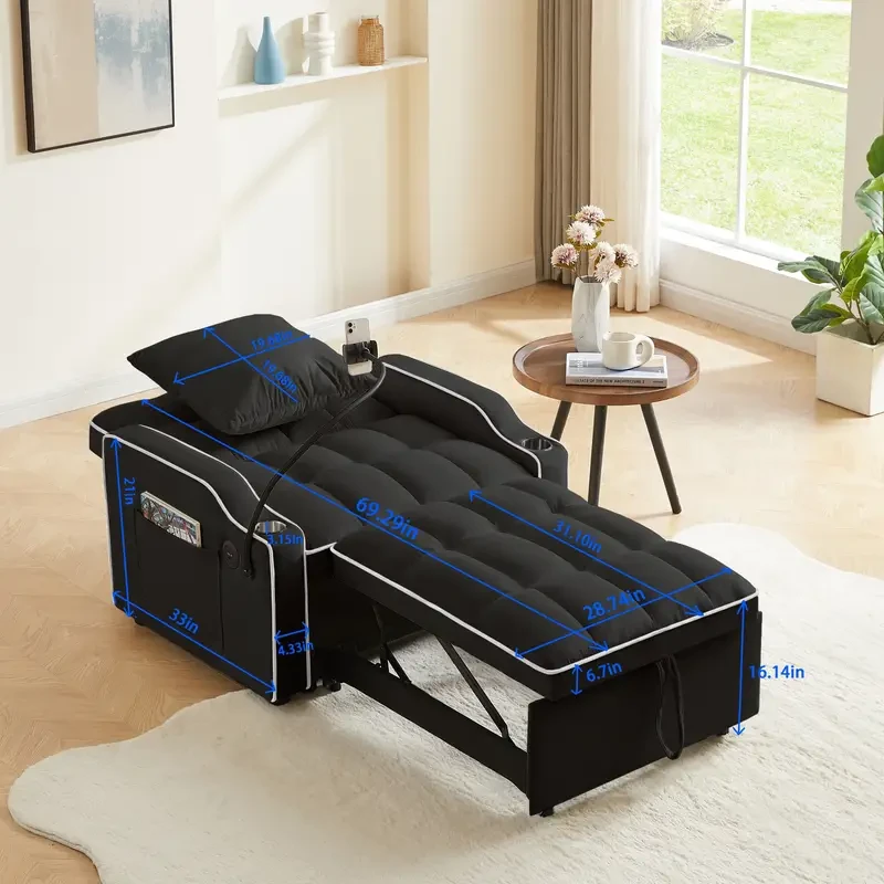 Sofá cama convertible 3 en 1 con respaldo ajustable, soporte para teléfono y puerto USB tipo C - Negro