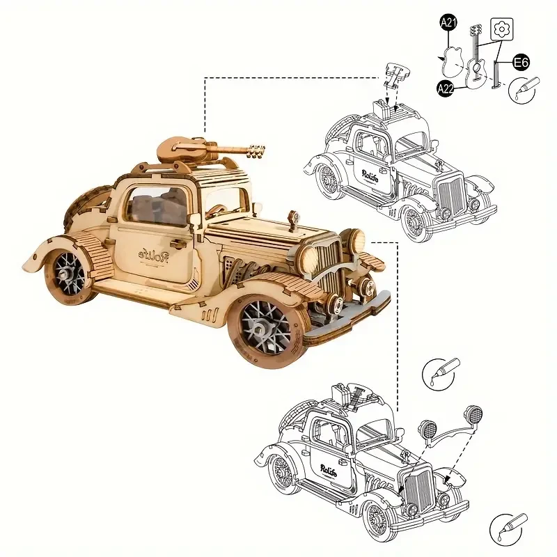 Modelo de ensamblaje de coche de madera DIY con rompecabezas 3D