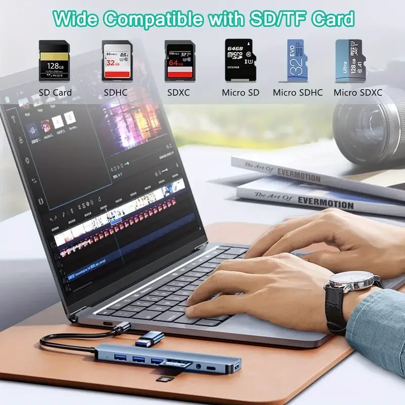 Adaptador concentrador USB-C 8 en 2 con lector de tarjetas SD/TF