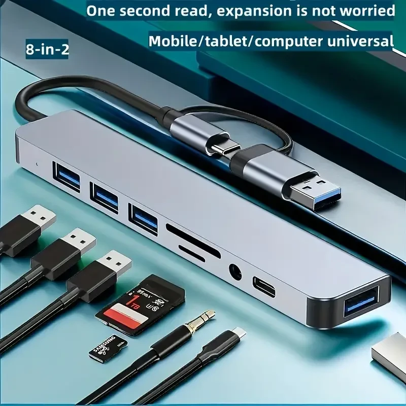 Adaptador concentrador USB-C 8 en 2 con lector de tarjetas SD/TF