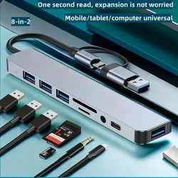 Adaptador concentrador USB-C 8 en 2 con lector de tarjetas SD/TF