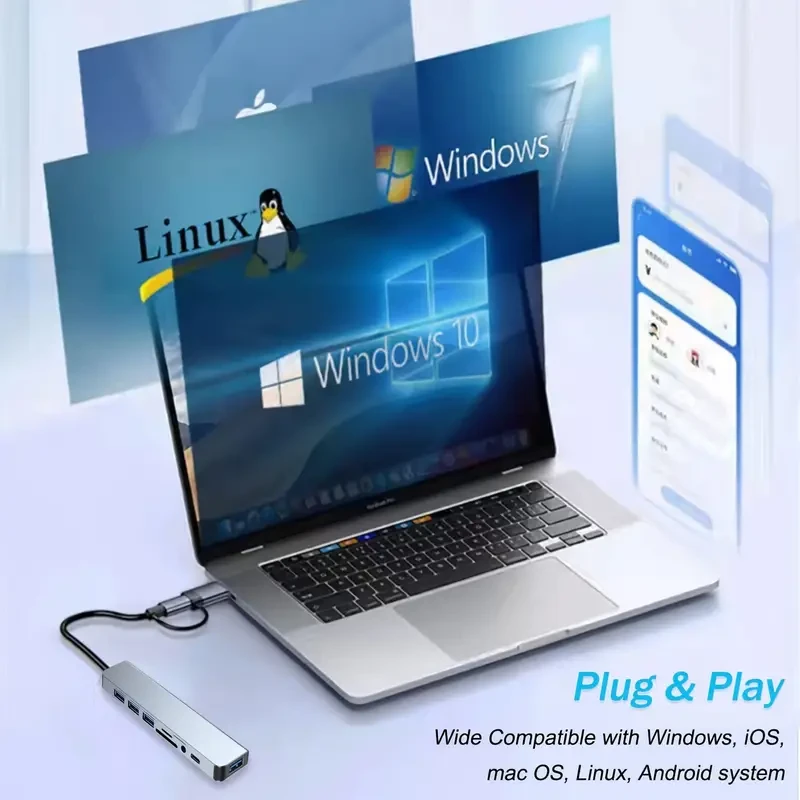 Adaptador concentrador USB-C 8 en 2 con lector de tarjetas SD/TF