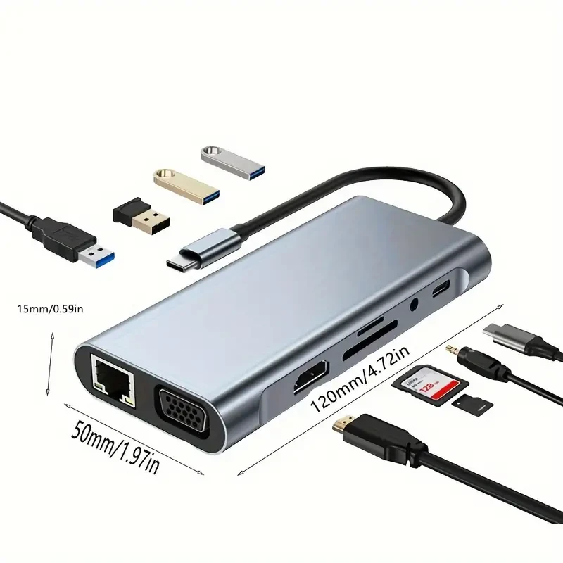 Concentrador USB tipo C 11 en 1 con convertidor 4K HD y base de expansión