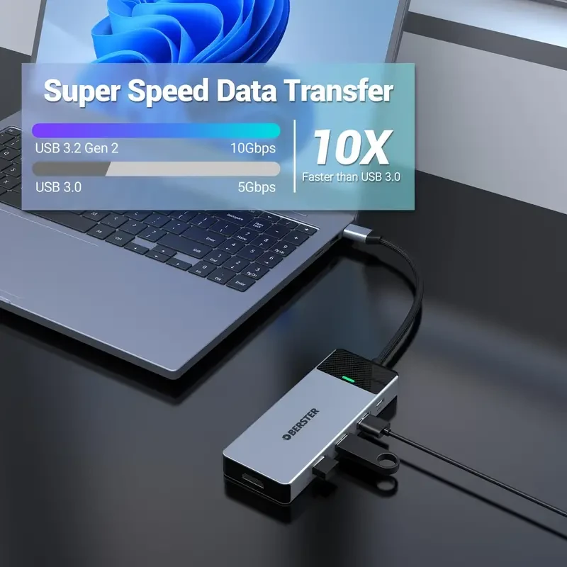 Concentrador USB C 5 en 1 OBERSTER con HDMI 4K, 3 puertos USB 3.2 (10 Gbps) y alimentación de 100 W