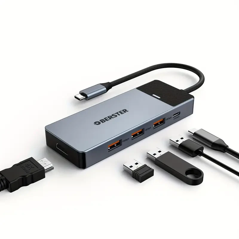 Concentrador USB C 5 en 1 OBERSTER con HDMI 4K, 3 puertos USB 3.2 (10 Gbps) y alimentación de 100 W