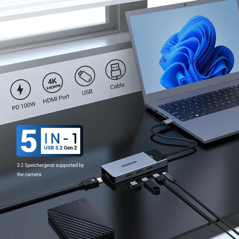 Concentrador USB C 5 en 1 OBERSTER con HDMI 4K, 3 puertos USB 3.2 (10 Gbps) y alimentación de 100 W