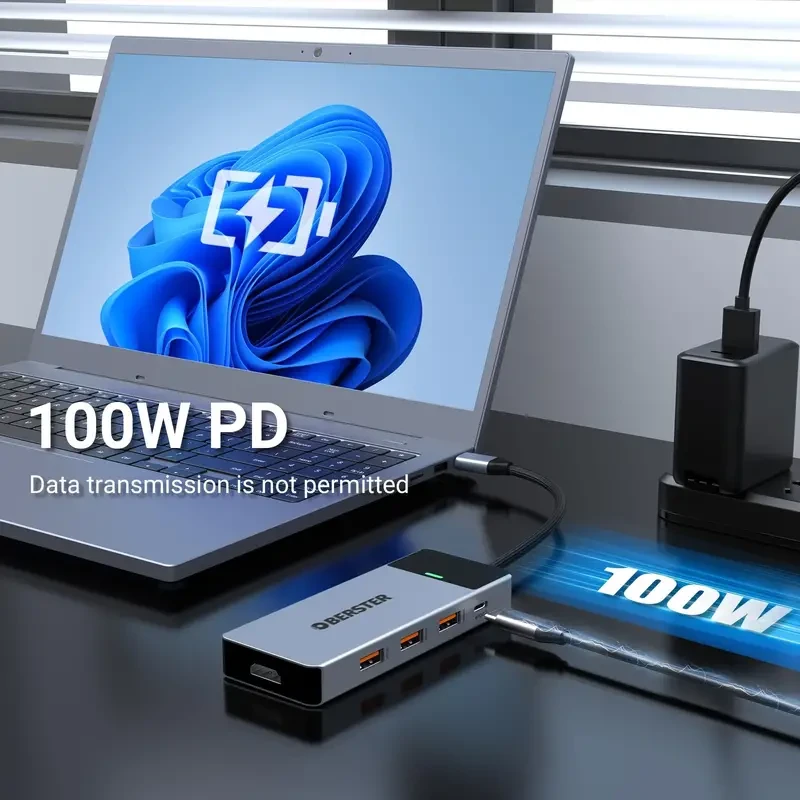 Concentrador USB C 5 en 1 OBERSTER con HDMI 4K, 3 puertos USB 3.2 (10 Gbps) y alimentación de 100 W