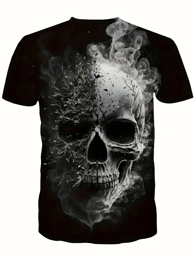 Camiseta de manga corta con cuello redondo y estampado 3D de calavera para hombre