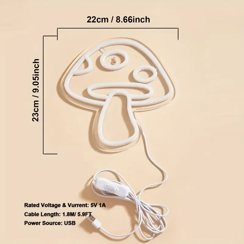 Letrero de neón LED con forma de hongo: luz nocturna con alimentación USB para salas de juegos, dormitorios, salas de estar y fiestas.