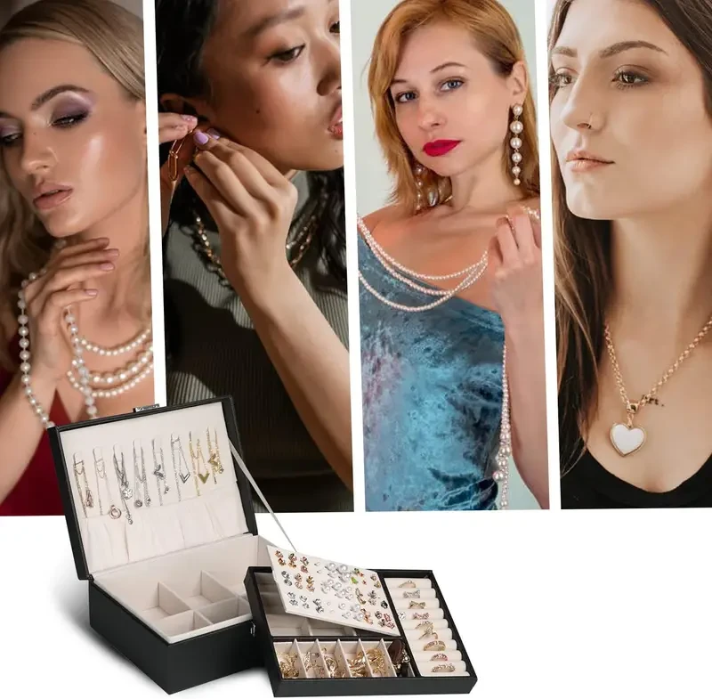 Estuche portátil de cuero para guardar joyas: organizador de viaje para collares, pendientes, anillos, colgantes y pulseras (negro)
