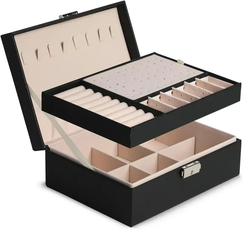 Estuche portátil de cuero para guardar joyas: organizador de viaje para collares, pendientes, anillos, colgantes y pulseras (negro)