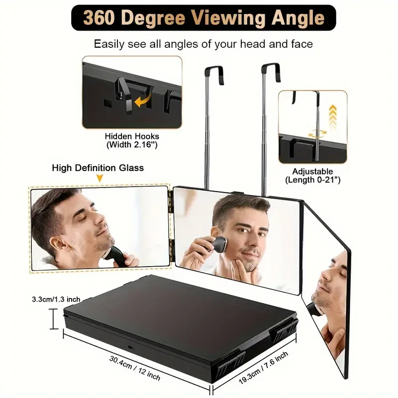 Espejo de 3 vías para autocorte, ángulo de visión de 360 grados, vidrio HD antivaho transparente.