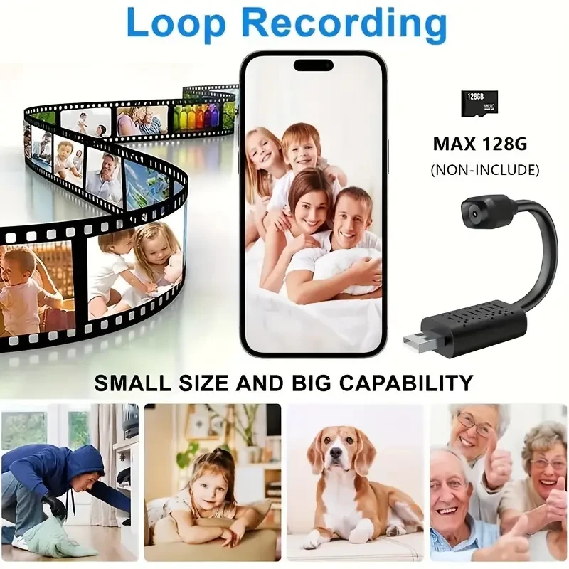 Mini cámara USB 1080P, cámara de niñera Full HD con visión nocturna y activación por movimiento para cámaras de seguridad ocultas en interiores y exteriores.