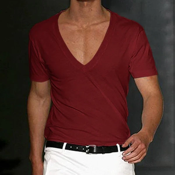 Camiseta deportiva de fitness para hombre, color liso, cuello en V profundo