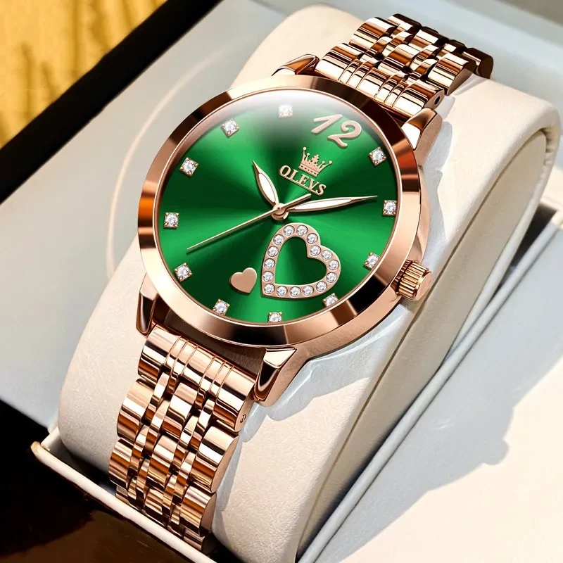 Reloj de cuarzo OLEVS para mujer con diamantes en forma de corazón, de acero inoxidable en oro rosa, de lujo.