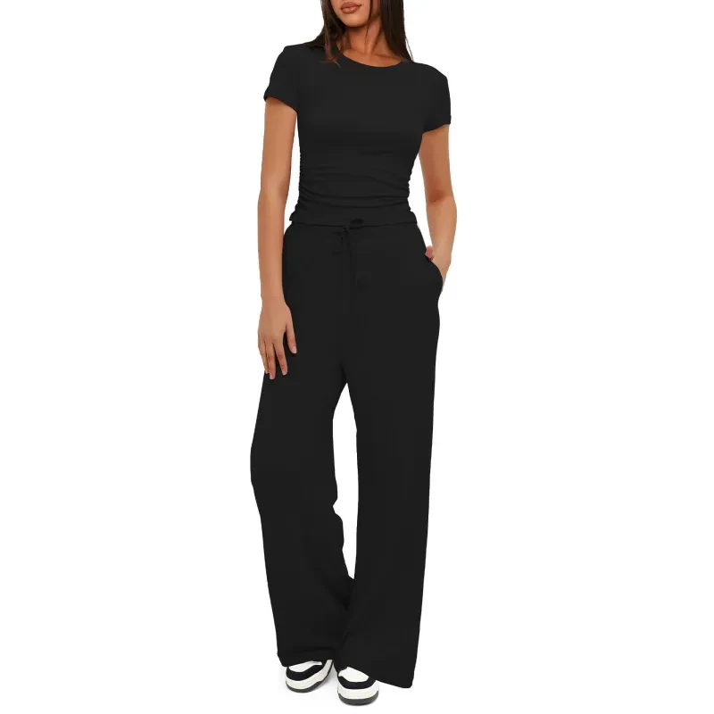 Conjunto de yoga de color liso: camiseta de manga corta y pantalones anchos de cintura alta