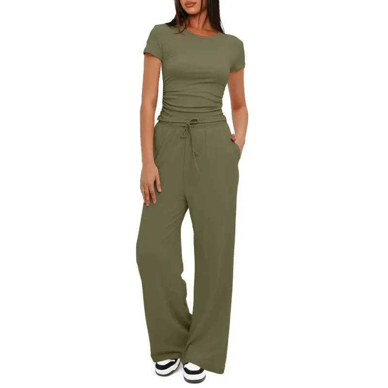 Conjunto de yoga de color liso: camiseta de manga corta y pantalones anchos de cintura alta
