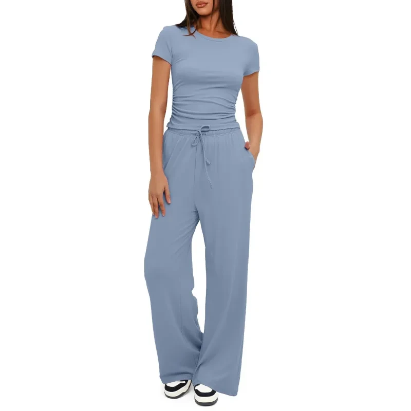 Conjunto de yoga de color liso: camiseta de manga corta y pantalones anchos de cintura alta