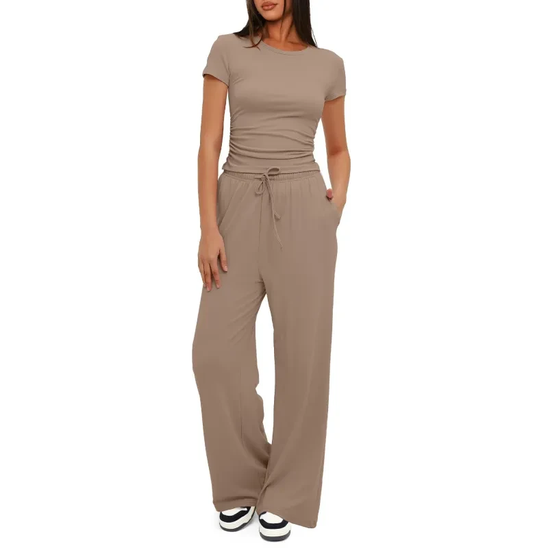 Conjunto de yoga de color liso: camiseta de manga corta y pantalones anchos de cintura alta