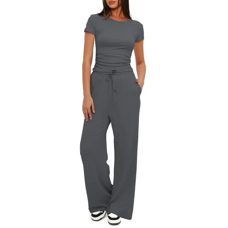Conjunto de yoga de color liso: camiseta de manga corta y pantalones anchos de cintura alta